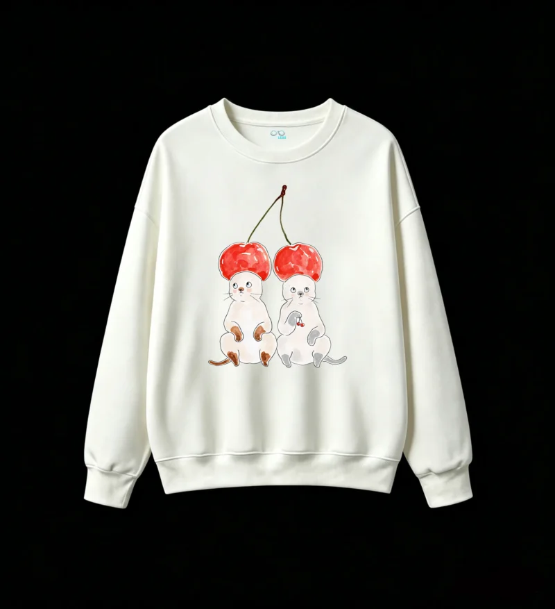 Sudadera Cuello Redondo Algodón Estampado Gatos Cerezas Diseño Kawaii Casual