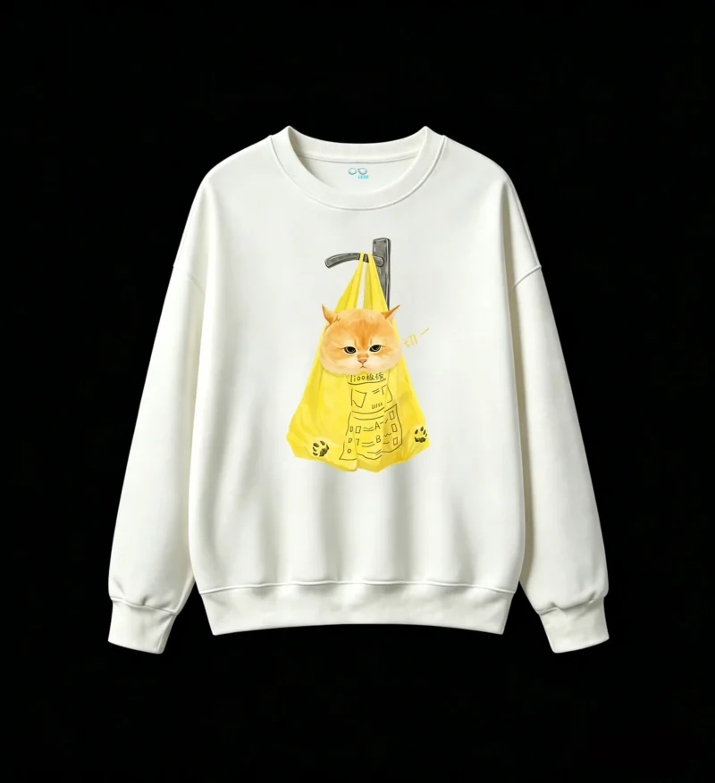 Sudadera Cuello Redondo Algodón Estampado Gato Bolsa Kawaii Premium Envío