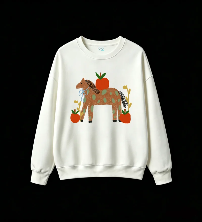 主图_2 Sudadera Cuello Redondo Algodón Estampado Caballo Manzanas Diseño Único