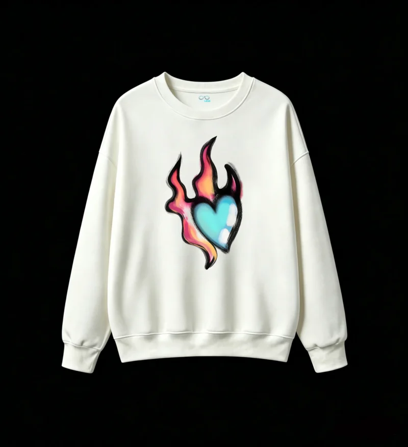 Sudadera Cuello Redondo Algodón Estampado Corazón Fuego Trendy Oversize
