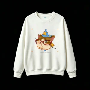 Sudadera Cuello Redondo Algodón Estampado Gato Mago Lentes Kawaii Oversize