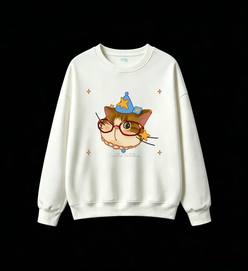 主图_2 Sudadera Cuello Redondo Algodón Estampado Gato Mago Lentes Kawaii Oversize