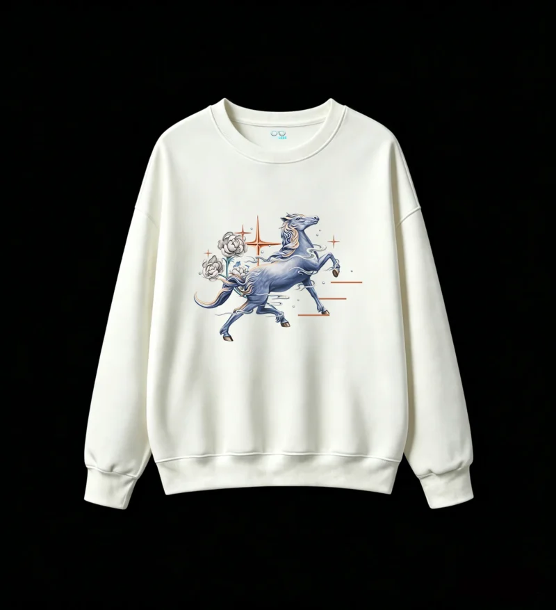 Sudadera Cuello Redondo Algodón Estampado Caballo Flores Vintage Premium