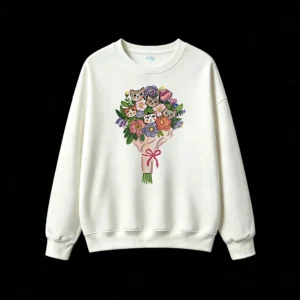 Sudadera Cuello Redondo Algodón Estampado Ramo Flores Gatitos Kawaii Casual