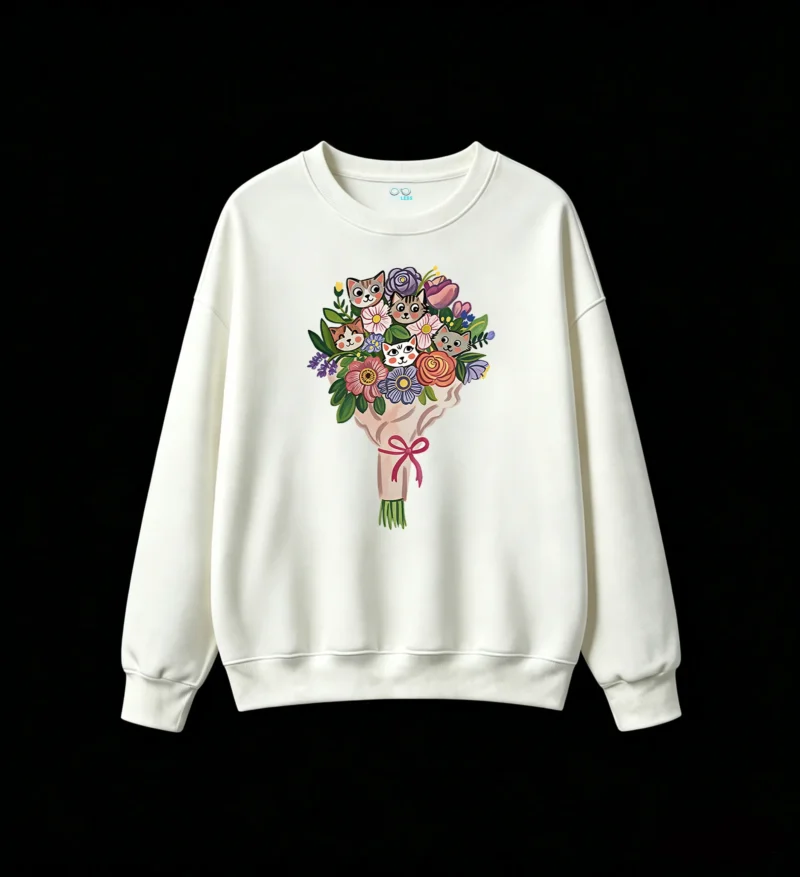 Sudadera Cuello Redondo Algodón Estampado Ramo Flores Gatitos Kawaii Casual