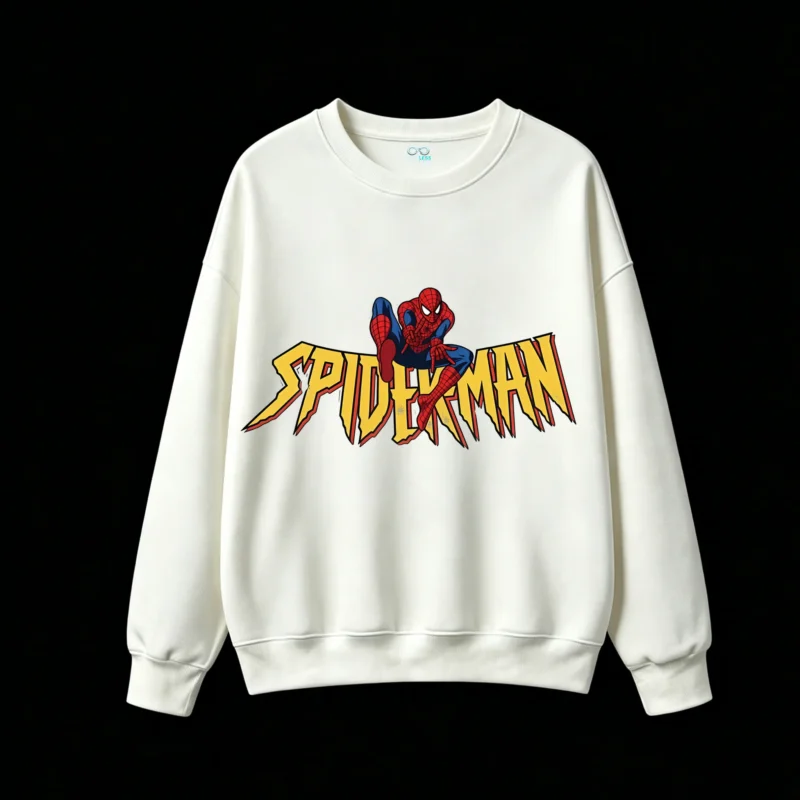 圆领白正面展示 BUZO CUELLO REDONDO UNISEX SPIDERMAN, ESTAMPADO DOBLE ESTILO CÓMIC