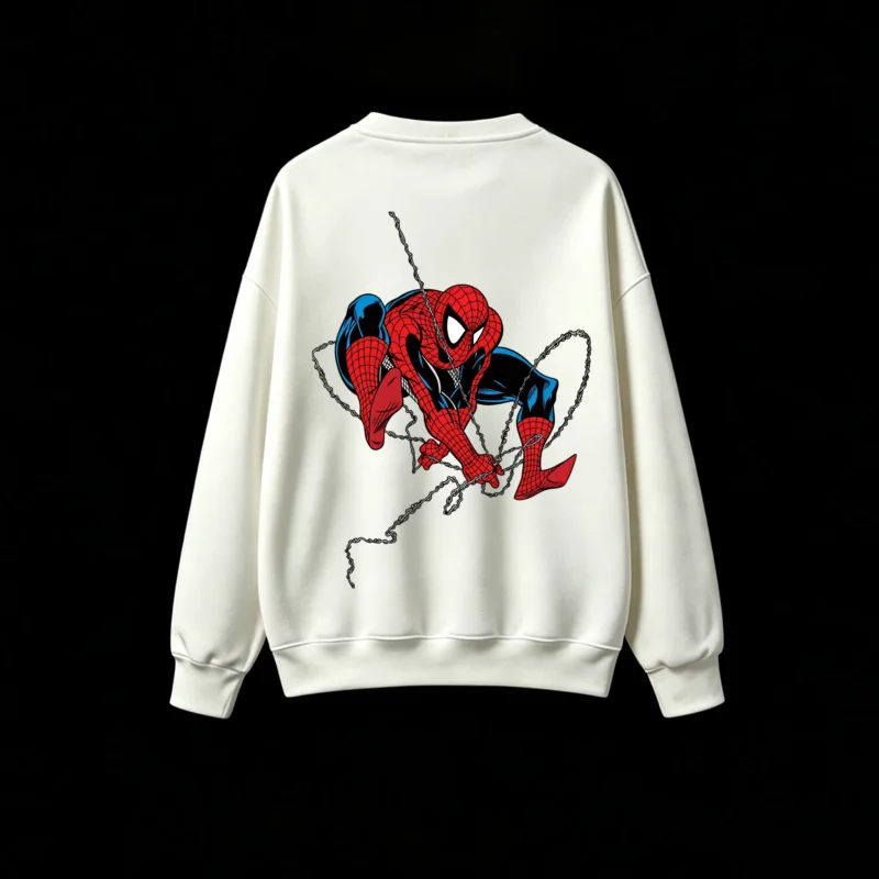 BUZO CUELLO REDONDO UNISEX SPIDERMAN, ESTAMPADO DOBLE FRENTE Y ESPALDA, ESTILO CÓMIC CLÁSICO