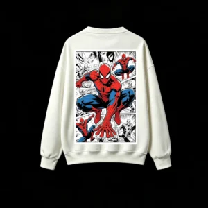 圆领白背面展示 SUDADERA SIN CAPUCHA ESTAMPADO DOBLE DE SPIDER-MAN ESTILO CÓMIC AMERICANO