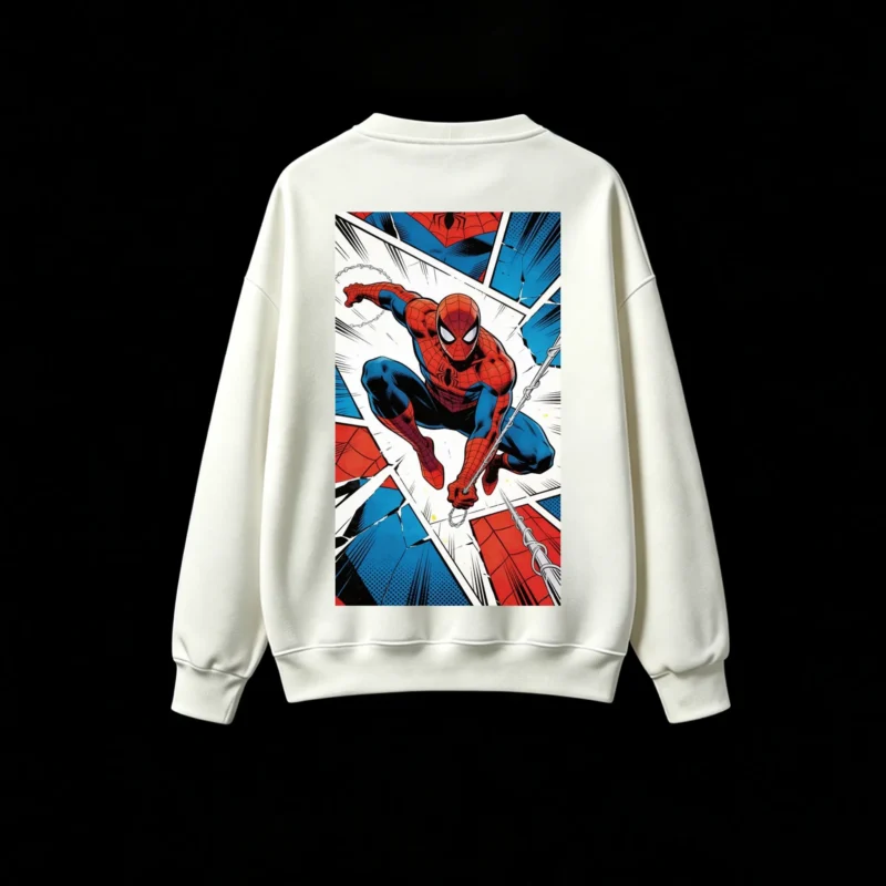 圆领白背面展示 BUZO CUELLO REDONDO UNISEX SPIDERMAN, ESTAMPADO DOBLE ESTILO CÓMIC