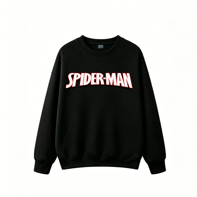圆领黑正面展示 BUZO CUELLO REDONDO SPIDER-MAN DOBLE ESTAMPADO CÓMIC RETRO URBANO UNISEX