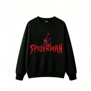 圆领黑正面展示 BUZO CUELLO REDONDO UNISEX SPIDERMAN, ESTAMPADO DOBLE FRENTE Y ESPALDA, ESTILO CÓMIC CLÁSICO