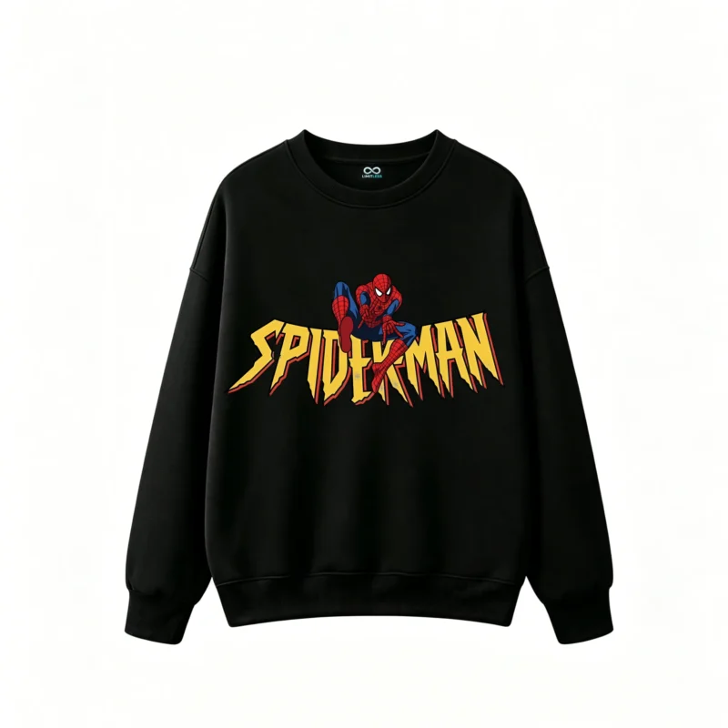 圆领黑正面展示 BUZO CUELLO REDONDO UNISEX SPIDERMAN, ESTAMPADO DOBLE ESTILO CÓMIC