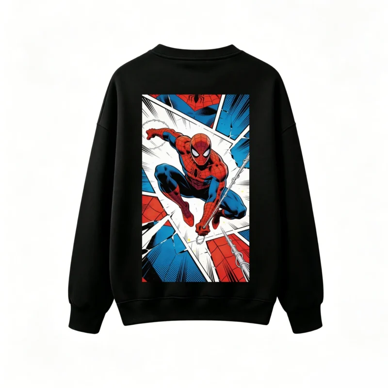 圆领黑背面展示 BUZO CUELLO REDONDO UNISEX SPIDERMAN, ESTAMPADO DOBLE ESTILO CÓMIC