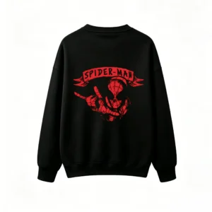 圆领黑背面展示 BUZO CUELLO REDONDO UNISEX SPIDERMAN, DOBLE ESTAMPADO VINTAGE