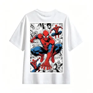 白t背面展示 CAMISETA CON ESTAMPADO DOBLE DE SPIDER-MAN EN ESTILO COMIC AMERICANO