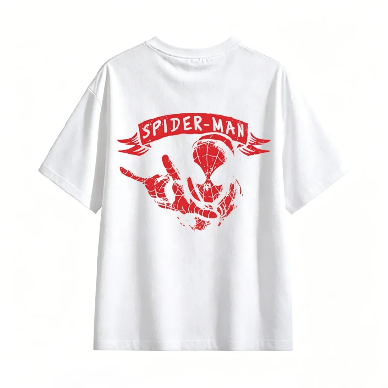 白t背面展示 REMERA ALGODÓN UNISEX SPIDERMAN, ESTAMPADO FRENTE Y ESPALDA VINTAGE