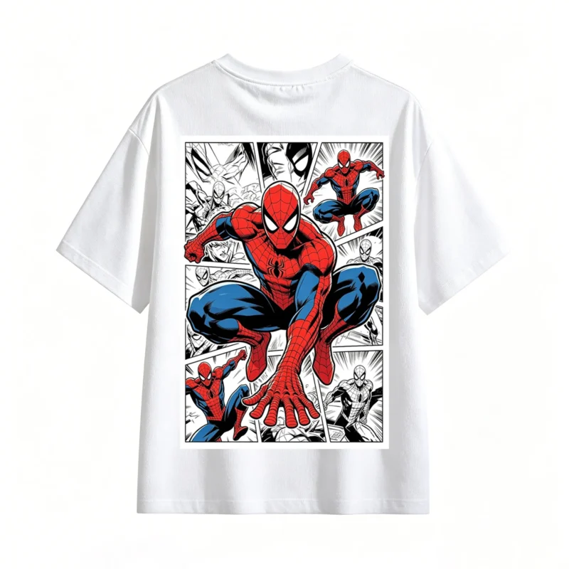 白t背面展示 CAMISETA CON ESTAMPADO DOBLE DE SPIDER-MAN EN ESTILO COMIC AMERICANO