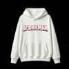 连帽白正面展示 BUZO CON CAPUCHA UNISEX SPIDER-MAN DOBLE ESTAMPADO CÓMIC RETRO CIUDAD