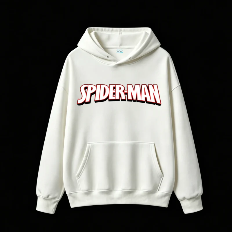 连帽白正面展示 BUZO CON CAPUCHA UNISEX SPIDER-MAN DOBLE ESTAMPADO CÓMIC RETRO CIUDAD