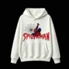连帽白正面展示 BUZO CON CAPUCHA UNISEX SPIDERMAN, ESTAMPADO DOBLE FRENTE Y ESPALDA, ESTILO CÓMIC VINTAGE