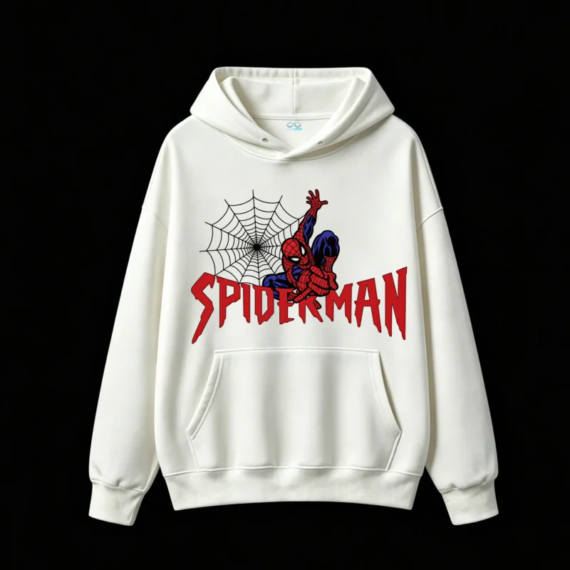 连帽白正面展示 BUZO CON CAPUCHA UNISEX SPIDERMAN, ESTAMPADO DOBLE FRENTE Y ESPALDA, ESTILO CÓMIC VINTAGE