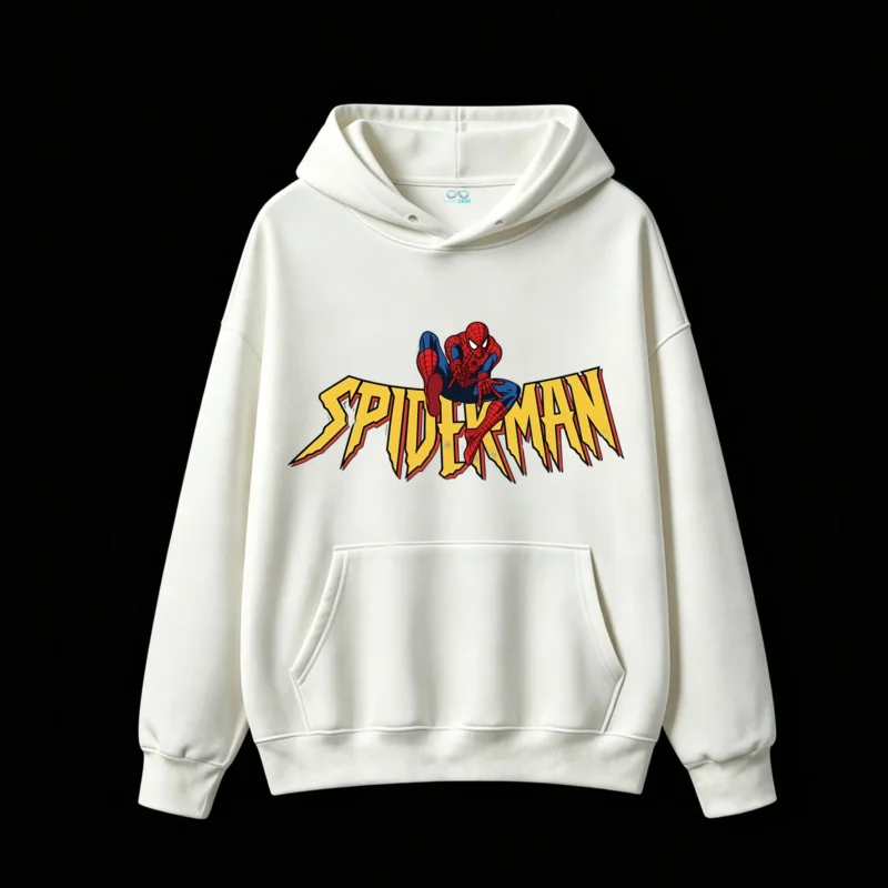 连帽白正面展示 BUZO CON CAPUCHA UNISEX SPIDERMAN, ESTAMPADO DOBLE, ESTILO CÓMIC AMERICANO