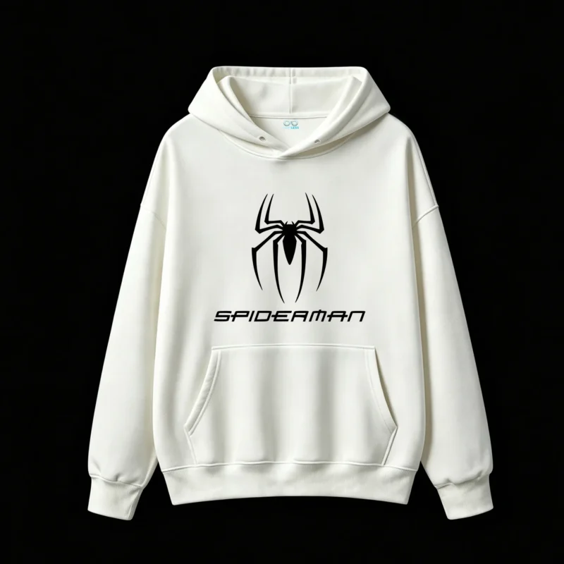 连帽白正面展示 BUZO CON CAPUCHA UNISEX SPIDERMAN, ESTAMPADO FRENTE Y ESPALDA EFECTO VINTAGE