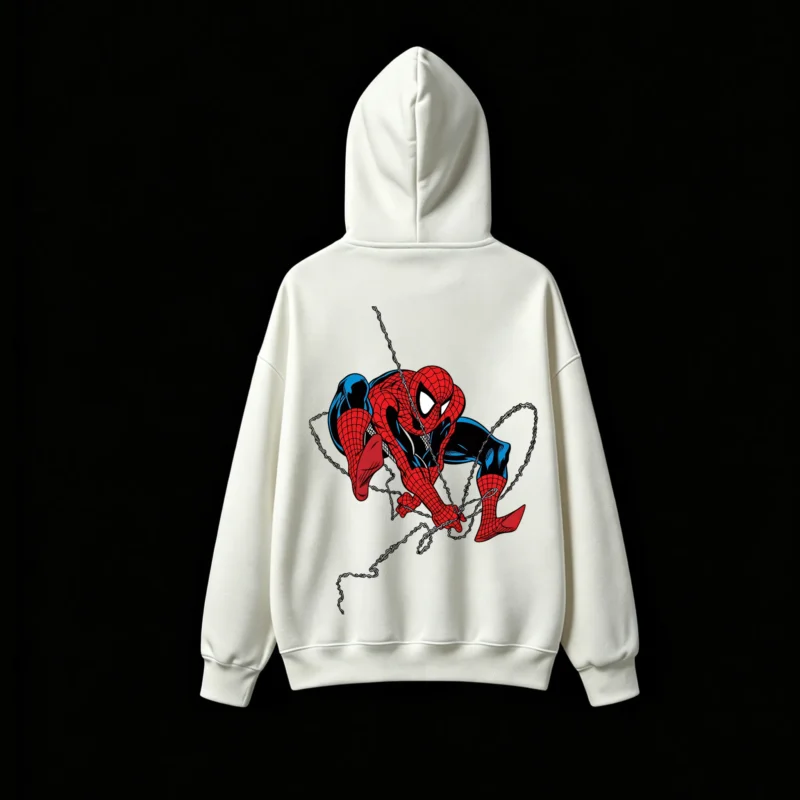 连帽白背面展示 BUZO CON CAPUCHA UNISEX SPIDERMAN, ESTAMPADO DOBLE FRENTE Y ESPALDA, ESTILO CÓMIC VINTAGE