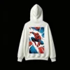 连帽白背面展示 BUZO CON CAPUCHA UNISEX SPIDERMAN, ESTAMPADO DOBLE, ESTILO CÓMIC AMERICANO
