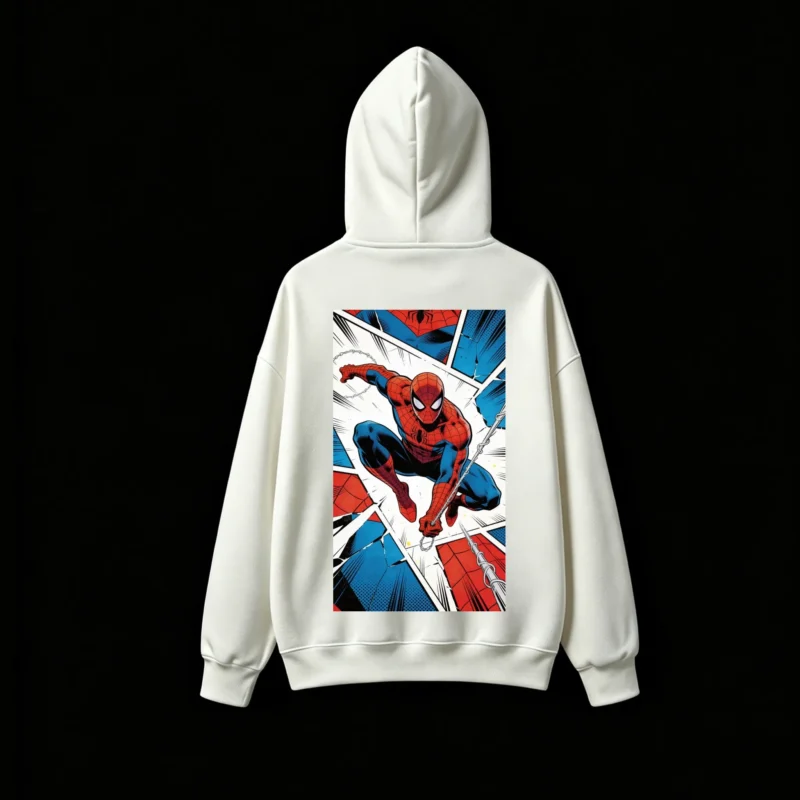 连帽白背面展示 BUZO CON CAPUCHA UNISEX SPIDERMAN, ESTAMPADO DOBLE, ESTILO CÓMIC AMERICANO