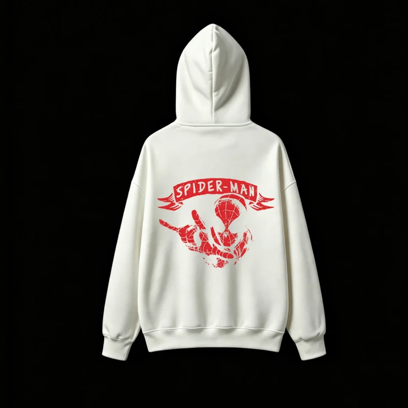 连帽白背面展示 BUZO CON CAPUCHA UNISEX SPIDERMAN, ESTAMPADO FRENTE Y ESPALDA EFECTO VINTAGE