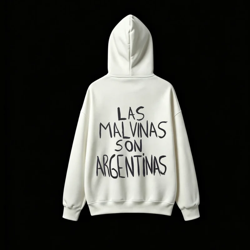 连帽白背面展示 BUZO CON CAPUCHA UNISEX DOBLE ESTAMPADO LAS MALVINAS SON ARGENTINAS