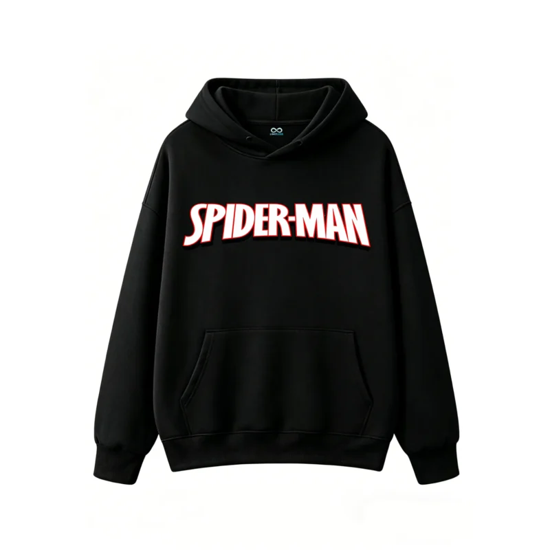 连帽黑正面展示 BUZO CON CAPUCHA UNISEX SPIDER-MAN DOBLE ESTAMPADO CÓMIC RETRO CIUDAD