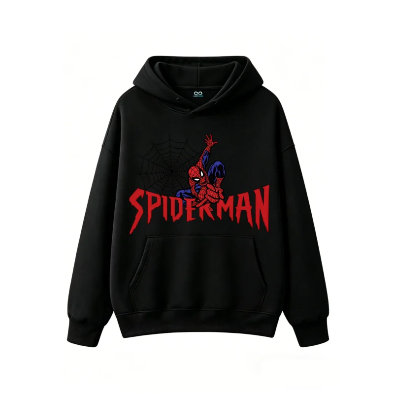 连帽黑正面展示 BUZO CON CAPUCHA UNISEX SPIDERMAN, ESTAMPADO DOBLE FRENTE Y ESPALDA, ESTILO CÓMIC VINTAGE