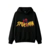 连帽黑正面展示 BUZO CON CAPUCHA UNISEX SPIDERMAN, ESTAMPADO DOBLE, ESTILO CÓMIC AMERICANO