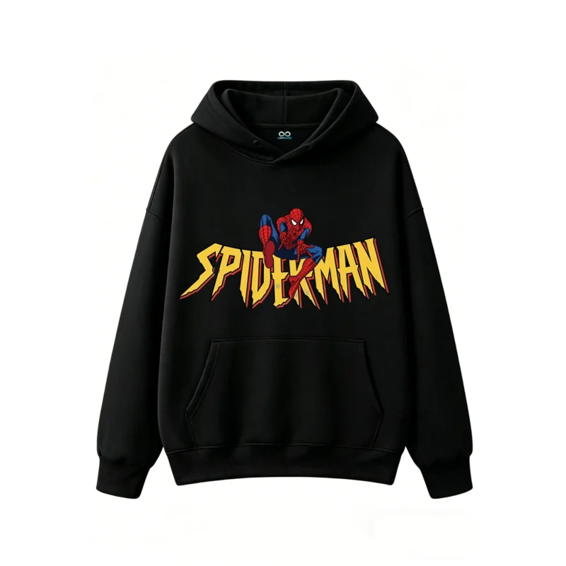 连帽黑正面展示 BUZO CON CAPUCHA UNISEX SPIDERMAN, ESTAMPADO DOBLE, ESTILO CÓMIC AMERICANO