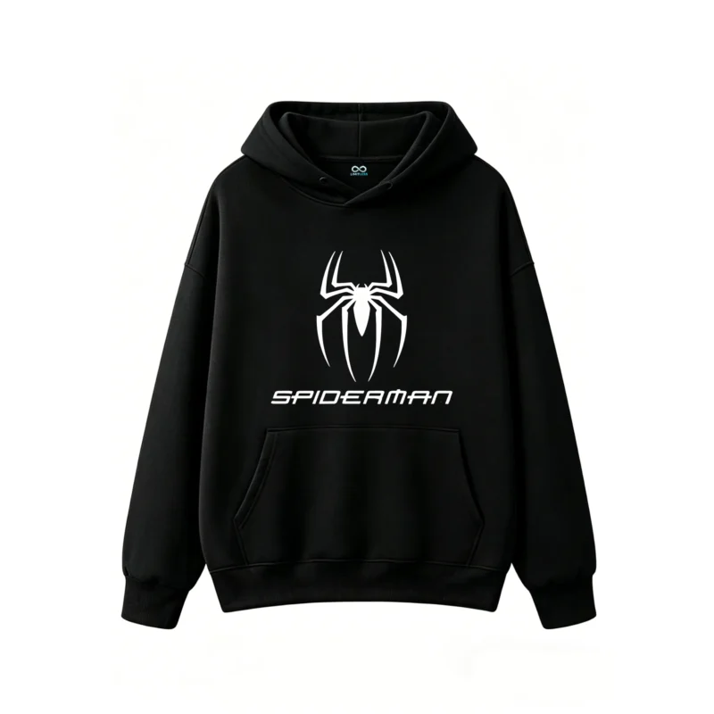 连帽黑正面展示 BUZO CON CAPUCHA UNISEX SPIDERMAN, ESTAMPADO FRENTE Y ESPALDA EFECTO VINTAGE