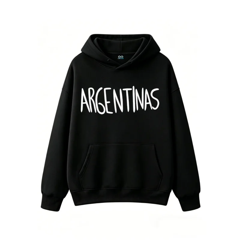 连帽黑正面展示 BUZO CON CAPUCHA UNISEX DOBLE ESTAMPADO LAS MALVINAS SON ARGENTINAS