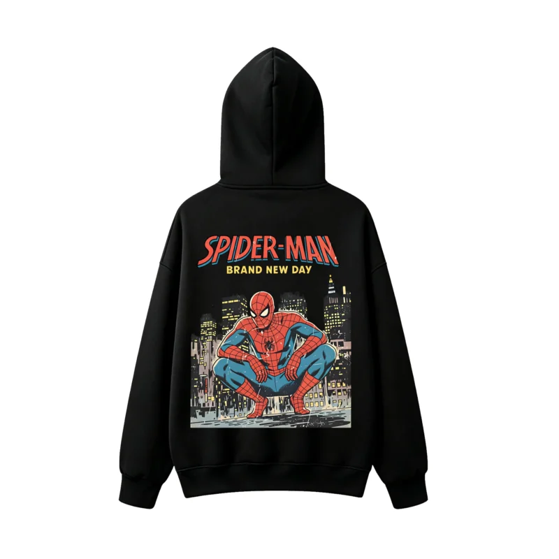连帽黑背面展示 BUZO CON CAPUCHA UNISEX SPIDER-MAN DOBLE ESTAMPADO CÓMIC RETRO CIUDAD