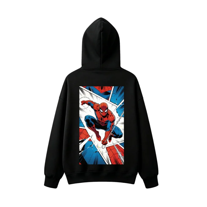 连帽黑背面展示 BUZO CON CAPUCHA UNISEX SPIDERMAN, ESTAMPADO DOBLE, ESTILO CÓMIC AMERICANO