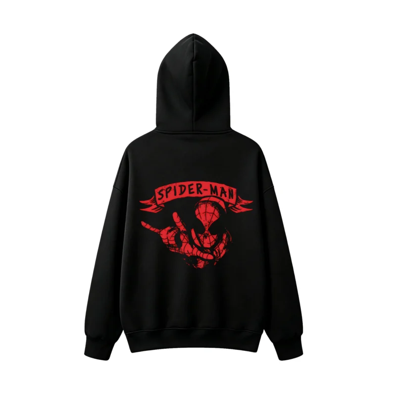 连帽黑背面展示 BUZO CON CAPUCHA UNISEX SPIDERMAN, ESTAMPADO FRENTE Y ESPALDA EFECTO VINTAGE