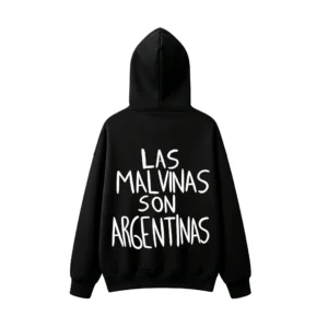 连帽黑背面展示 BUZO CON CAPUCHA UNISEX DOBLE ESTAMPADO LAS MALVINAS SON ARGENTINAS