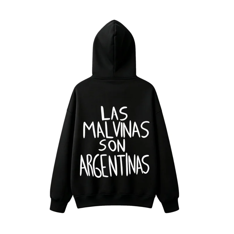 连帽黑背面展示 BUZO CON CAPUCHA UNISEX DOBLE ESTAMPADO LAS MALVINAS SON ARGENTINAS