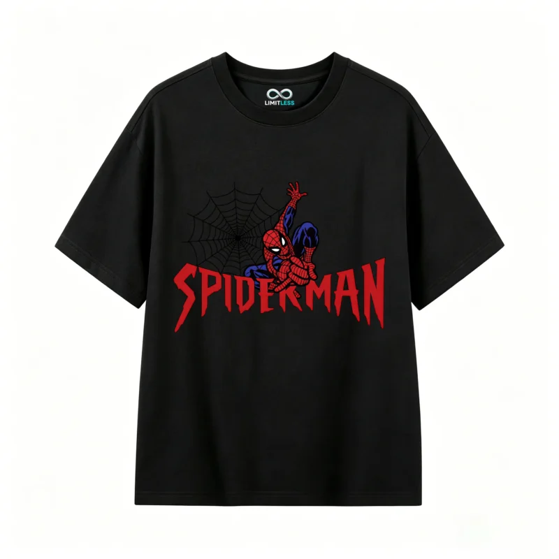 黑t正面展示 REMERA CORTA UNISEX SPIDER-MAN, ESTAMPADO FRENTE Y ESPALDA, ESTILO CÓMIC CLÁSICO