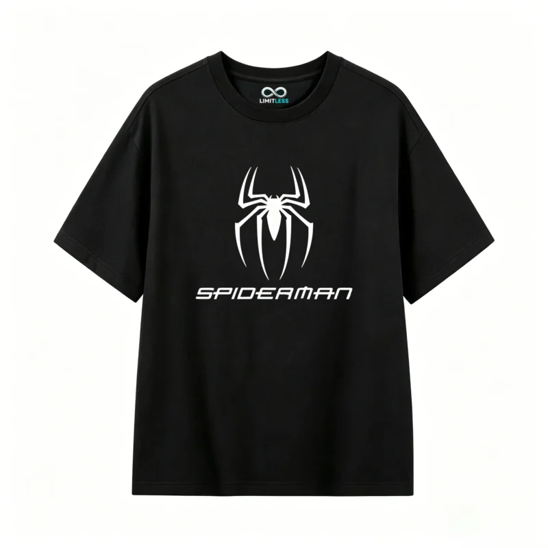黑t正面展示 REMERA ALGODÓN UNISEX SPIDERMAN, ESTAMPADO FRENTE Y ESPALDA VINTAGE