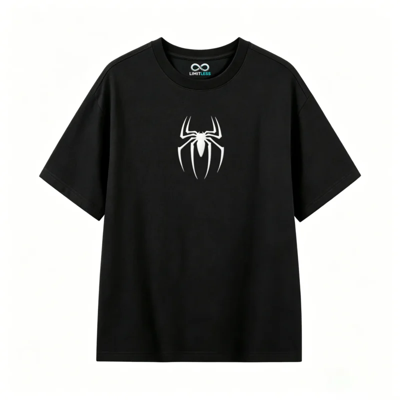 黑t正面展示 CAMISETA CON ESTAMPADO DOBLE DE SPIDER-MAN EN ESTILO COMIC AMERICANO