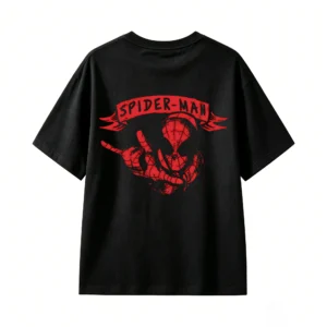 黑t背面展示 REMERA ALGODÓN UNISEX SPIDERMAN, ESTAMPADO FRENTE Y ESPALDA VINTAGE