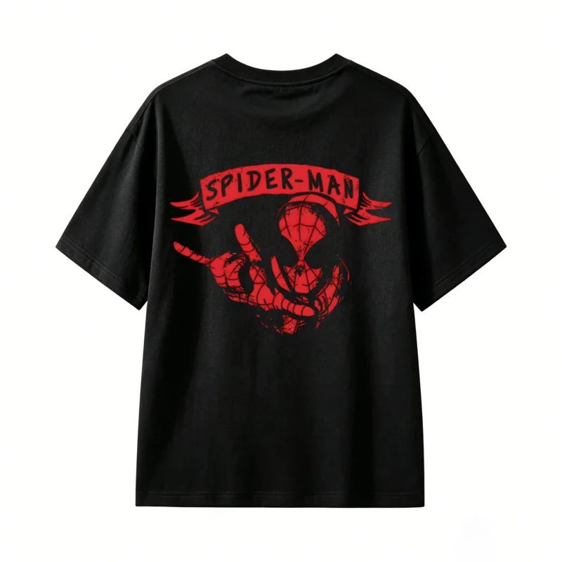黑t背面展示 REMERA ALGODÓN UNISEX SPIDERMAN, ESTAMPADO FRENTE Y ESPALDA VINTAGE
