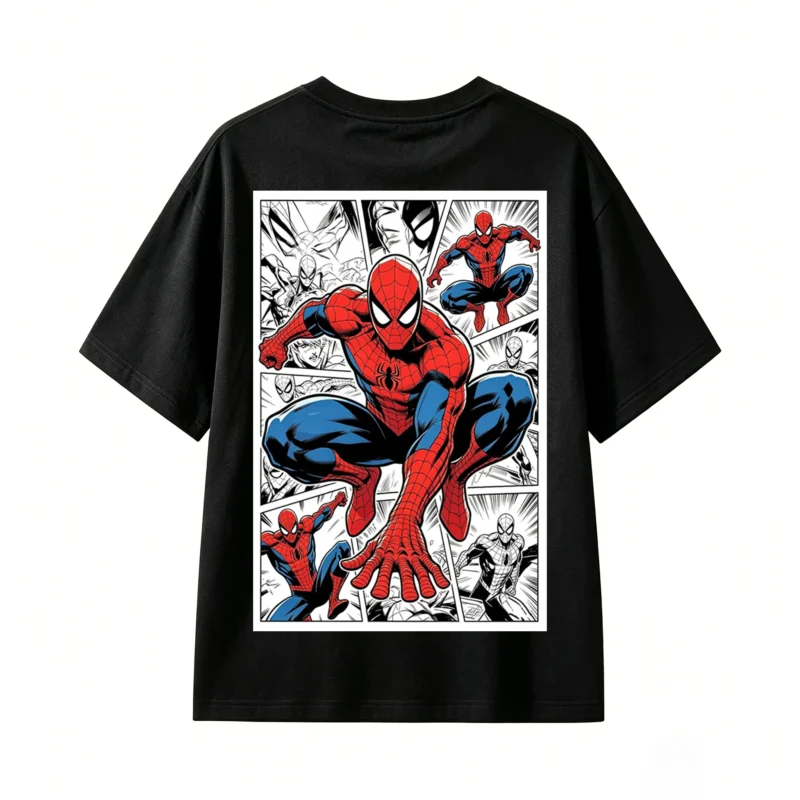 黑t背面展示 CAMISETA CON ESTAMPADO DOBLE DE SPIDER-MAN EN ESTILO COMIC AMERICANO